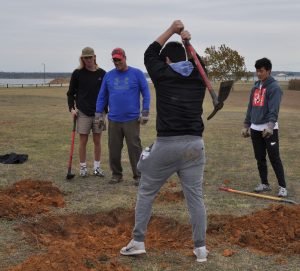 Volunteers use pickaxes to finish digging the last tree hole at Meadowmere Park.